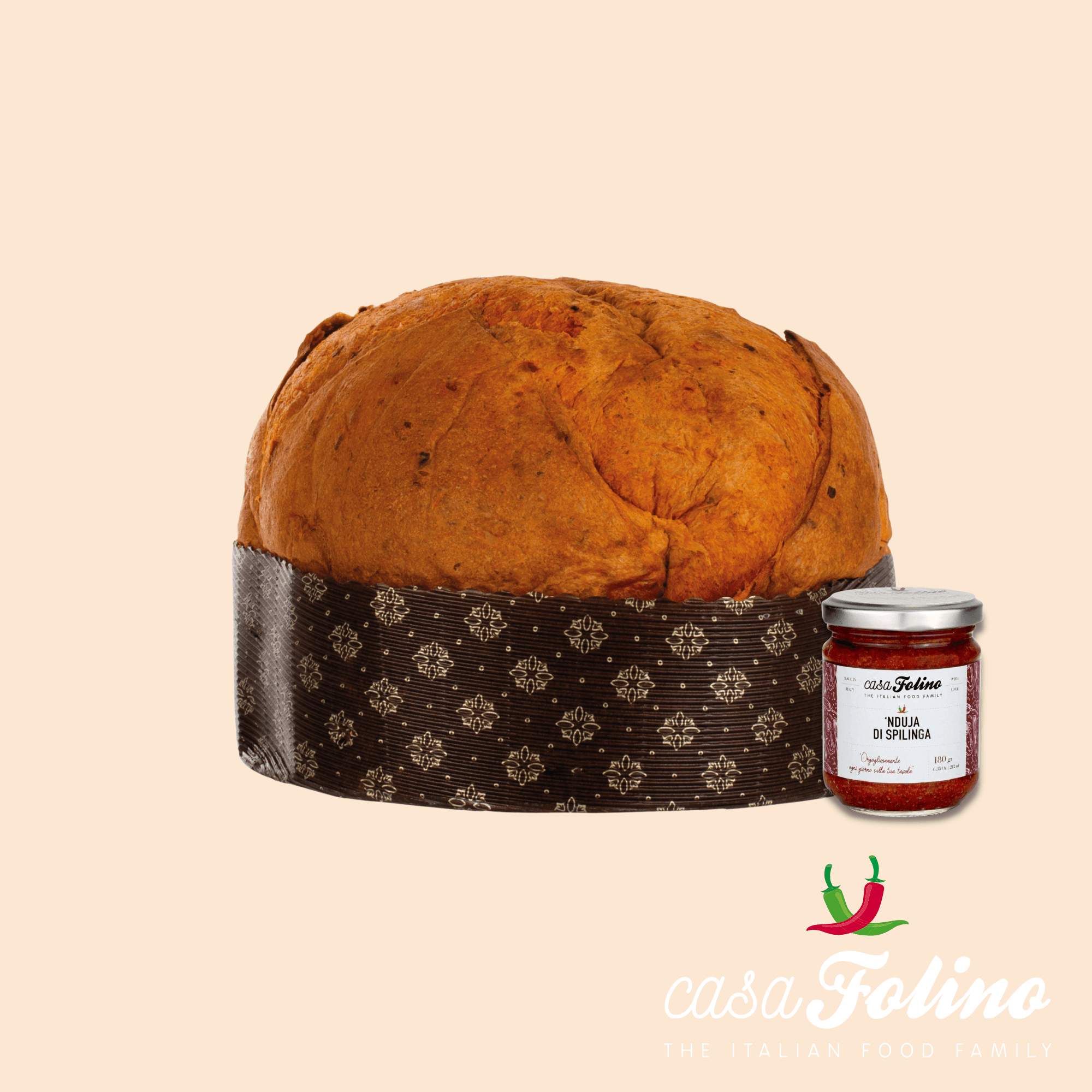 Panettone alla Nduja 1 kg con vasetto di Nduja 180gr - Casafolino.com
